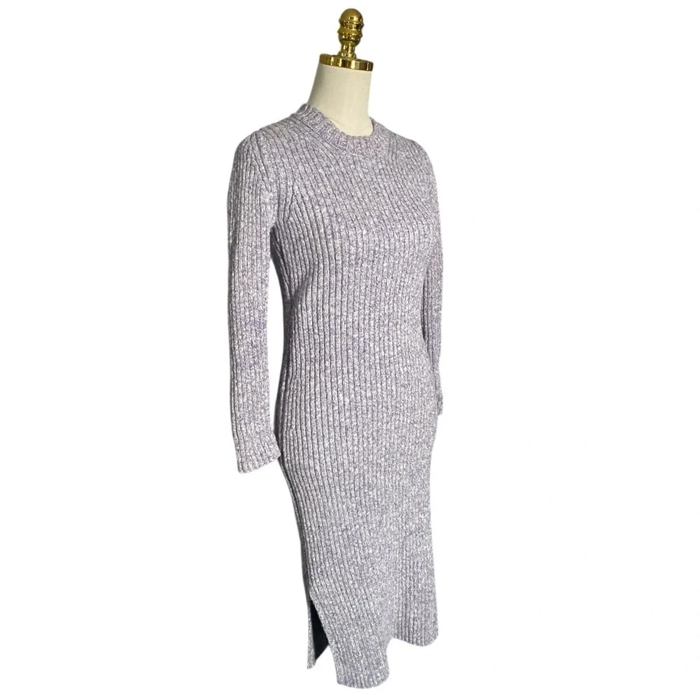 J. Crew Lilac Ivory Ribbed Thick Knit Long-Sleeve Crewneck Midi Sweater Dress XS